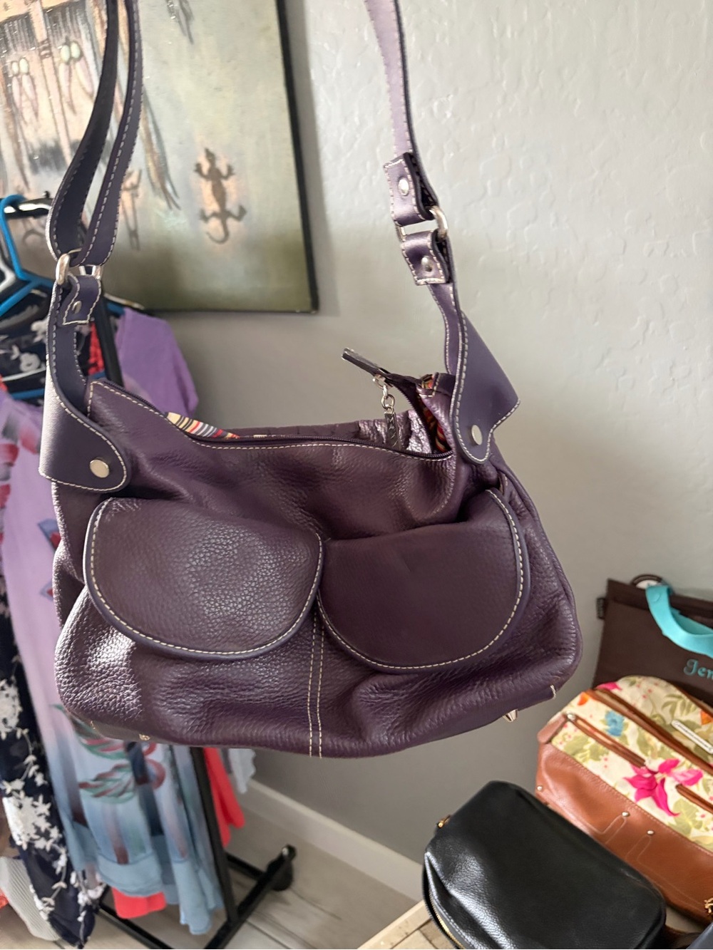 Maxx New York Plum Leather Shoulder Bag with Dual Front Flap Pockets